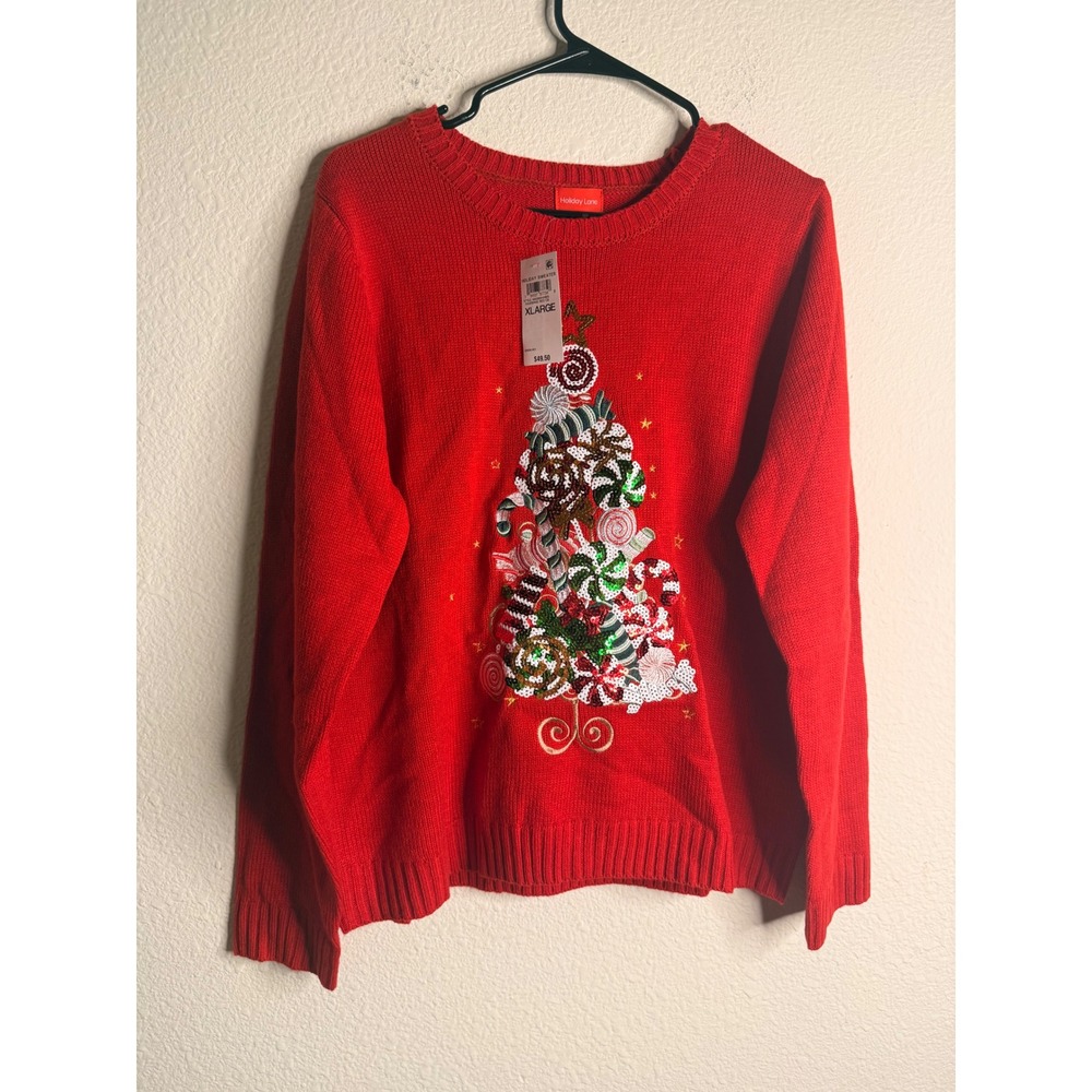 Holiday Lane Ugly Christmas Tree Sweater Women XL New Red Sequin Candy NWT